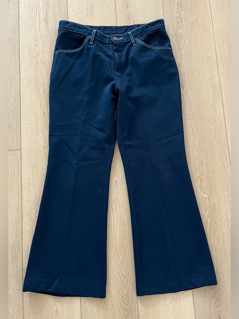 Vintage 70’s Farah Flared Pants Frogmouth Pocket Contrast Stitch Navy Blue 31x28